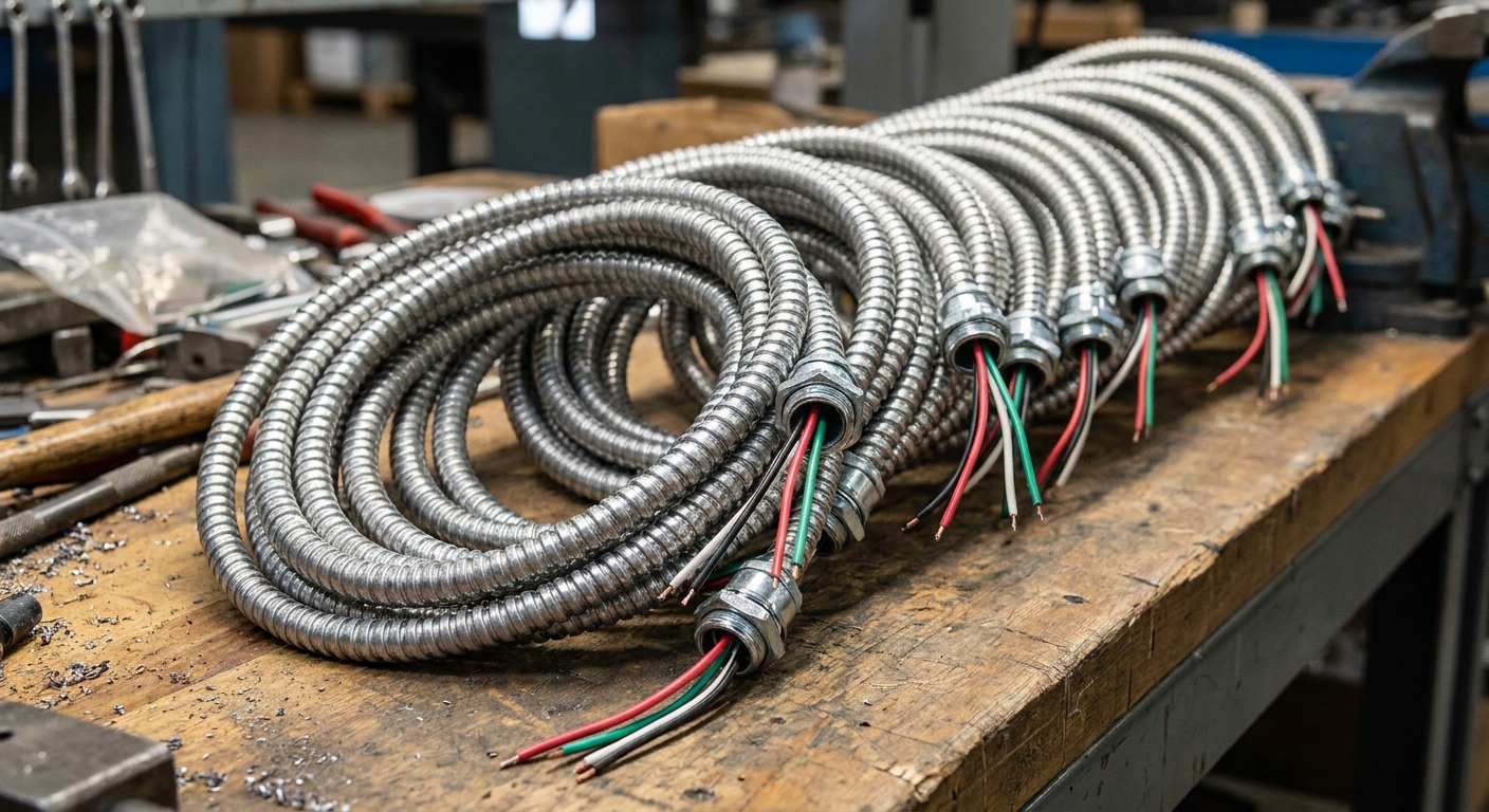 Prefabricated flexible conduit fixture whips coiled on a bench